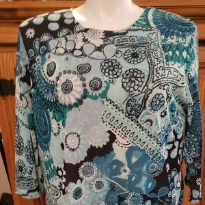Pappagallo Womens Top 2X  Tunic Scoop Neck Blue Teal Print Blouse 3/4 Sl…